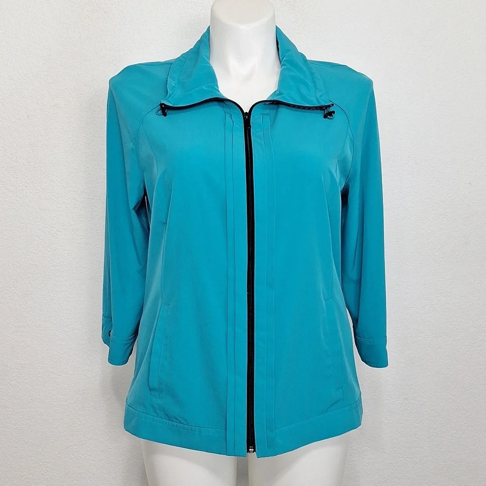 Chico's Teal Classic Blue 3/4 Sleeves Full Zip Gorpcore Lightweight Jacket L